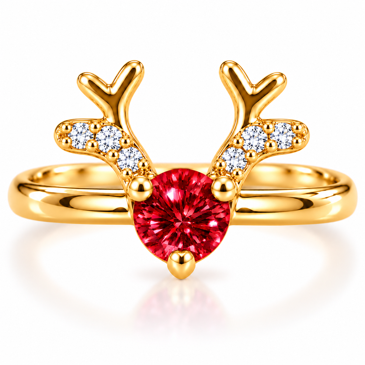Phimsera 4mm round red moissanite Christmas reindeer antler ring in gold-plated 925 sterling silver featuring three gold prongs and six sparkling clear cubic zirconia accents on a pure white background.