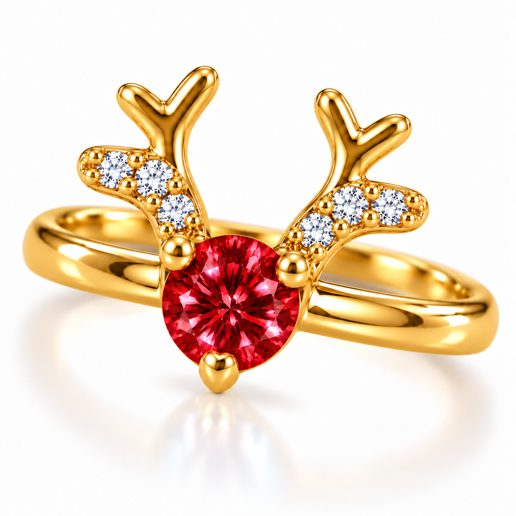 Angled view of a gold-plated sterling silver Christmas reindeer ring featuring a brilliant 4mm round crimson-red moissanite gemstone, symmetrical golden antlers, and sparkling cubic zirconia accents.