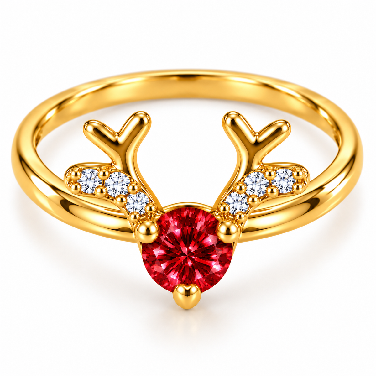 Top-down view of a red moissanite Christmas reindeer ring showing the slender polished gold band, brilliant round 4mm red gemstone, three-prong setting, and symmetrical CZ-decorated antlers.