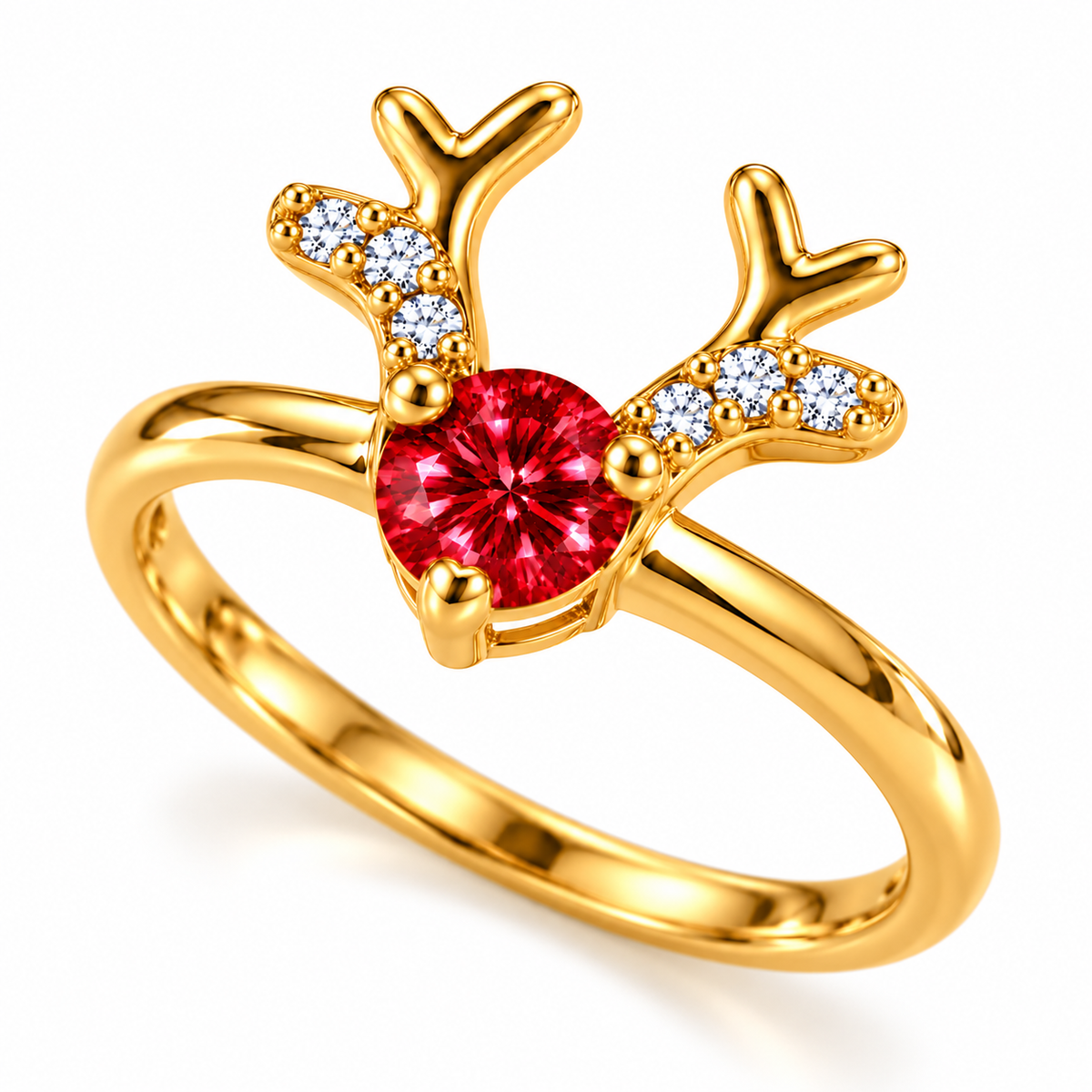 Three-quarter side view of a gold-plated 925 sterling silver reindeer ring displaying the raised 4mm red moissanite gemstone, polished golden antlers, and delicate cubic zirconia accents.