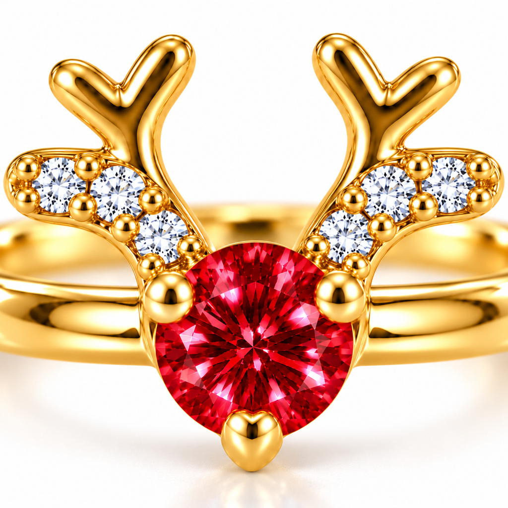 Macro close-up of a brilliant crimson-red 4mm round moissanite gemstone secured by three polished gold prongs between symmetrical reindeer antlers decorated with six sparkling clear cubic zirconia stones.