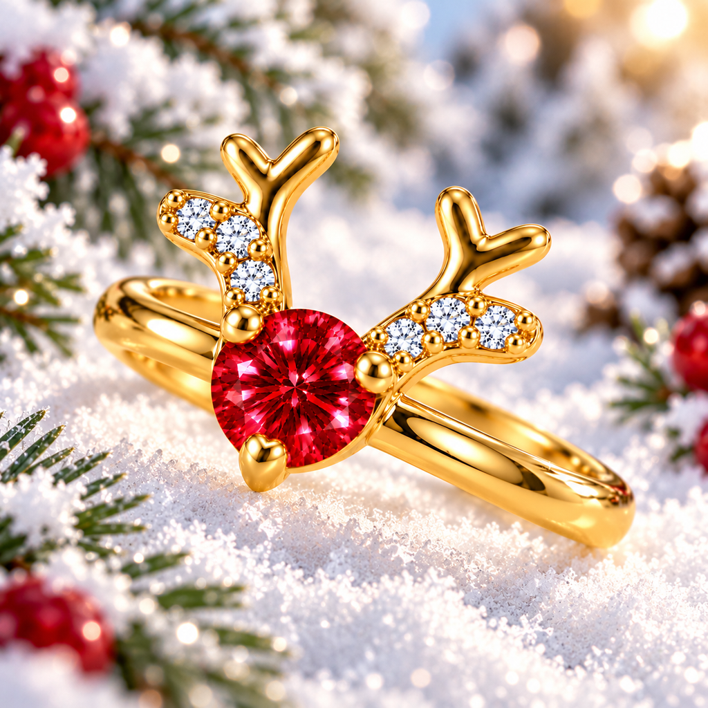 Angled view of a gold-plated red moissanite reindeer ring resting in bright white snow with frosted evergreen trees, red berries, and soft golden winter sunlight in the background.