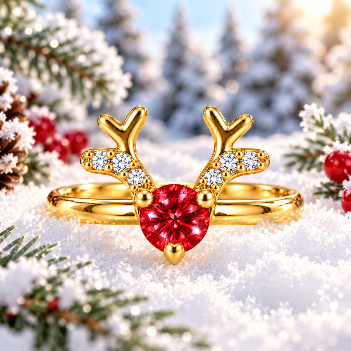 Front view of a gold Christmas reindeer antler ring with a brilliant crimson-red moissanite gemstone resting on sparkling white snow surrounded by snow-covered pine trees, evergreen branches, and red holly berries.