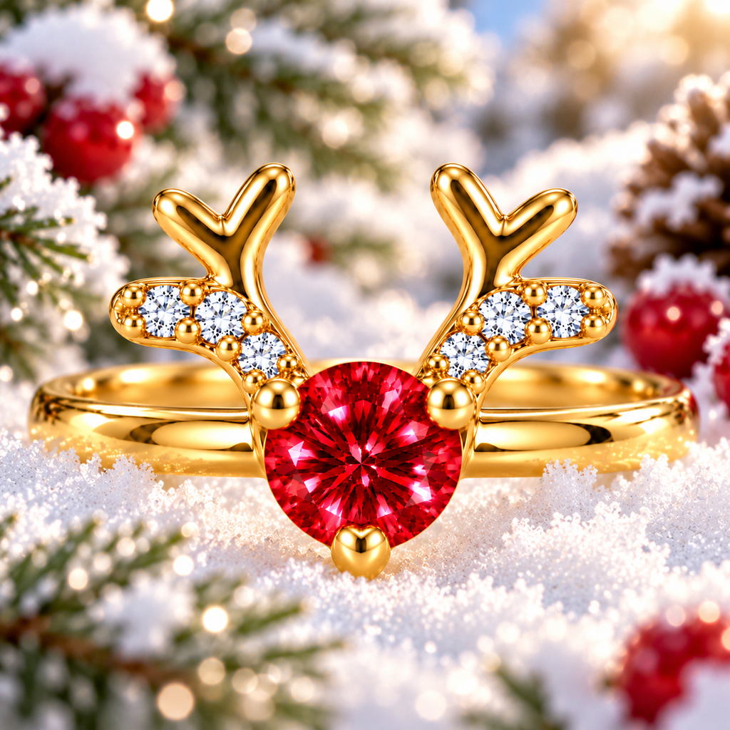 Close-up frontal view of a gold reindeer antler ring featuring a brilliant 4mm round crimson-red moissanite gemstone, three-prong setting, and sparkling CZ accents surrounded by snowy pine branches and festive red berries.
