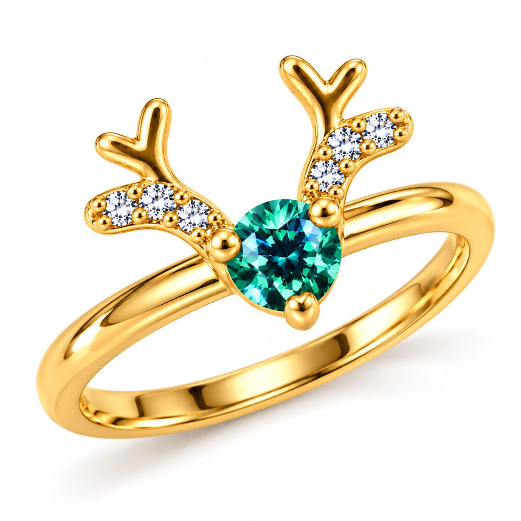 Three-quarter view of a Phimsera Christmas reindeer antler ring with a brilliant round teal-green moissanite center stone, three-prong setting, and polished gold band.
