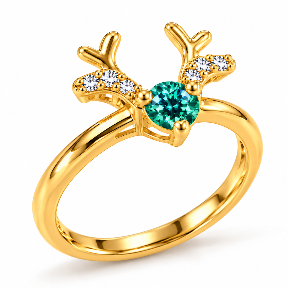 Side profile of a gold-plated 925 sterling silver reindeer antler ring showing the raised three-prong setting, 4mm round green moissanite gemstone, and sparkling white CZ antler details.