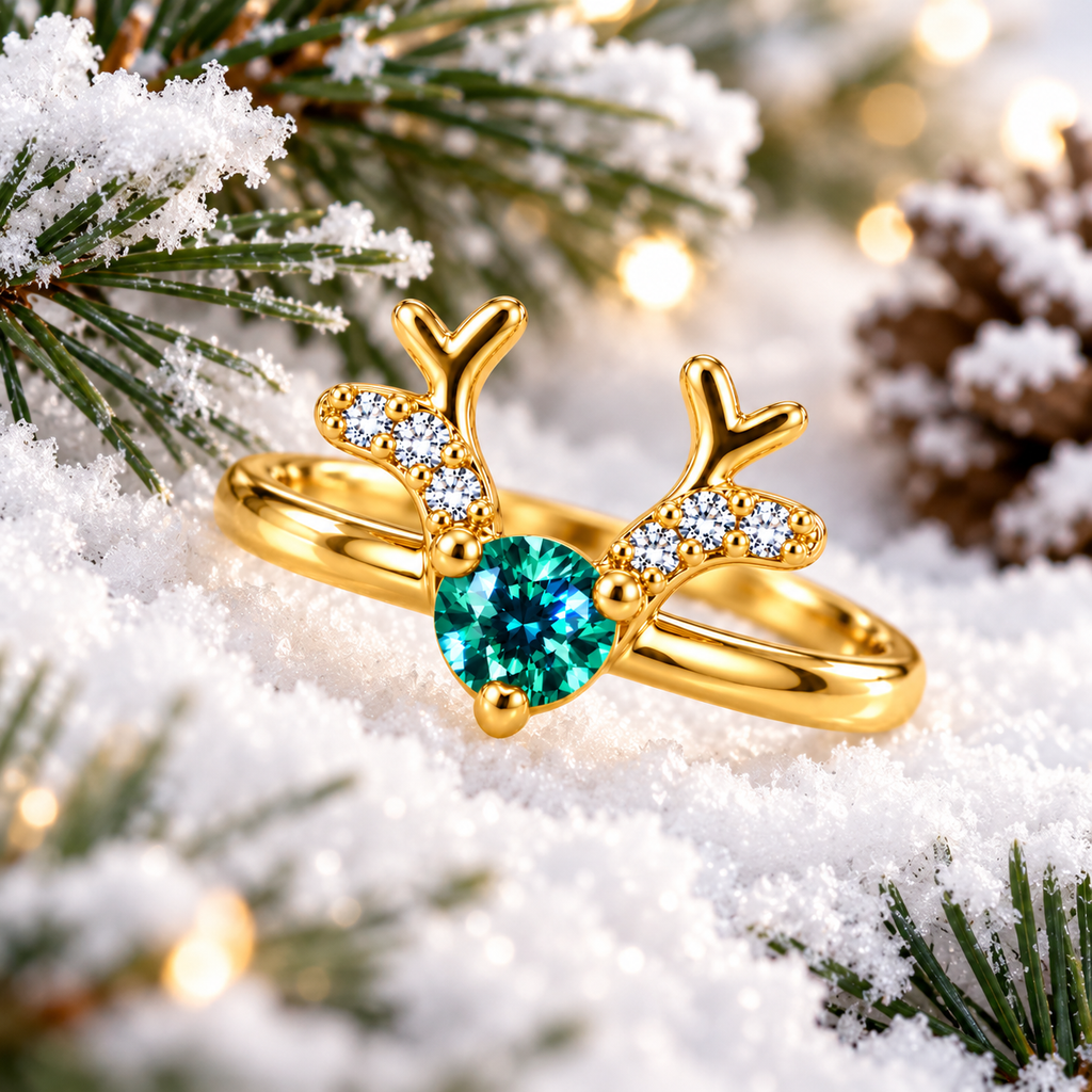 Angled view of a 4mm green moissanite Christmas reindeer ring resting in sparkling white snow with snowy evergreen branches and softly glowing Christmas lights.