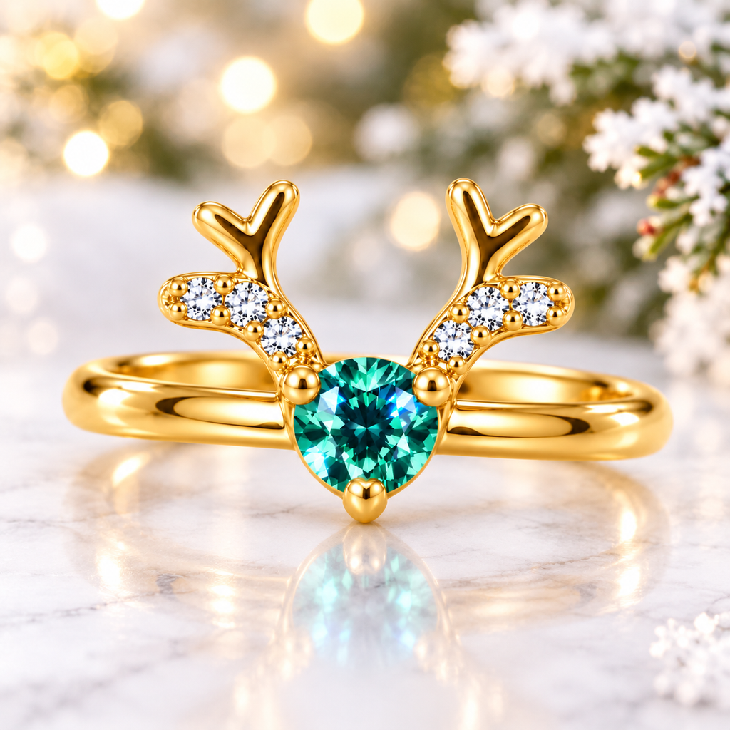Front view of a gold Christmas reindeer antler ring with a brilliant teal-green moissanite gemstone resting on white snow among frosted pine branches and warm holiday lights.