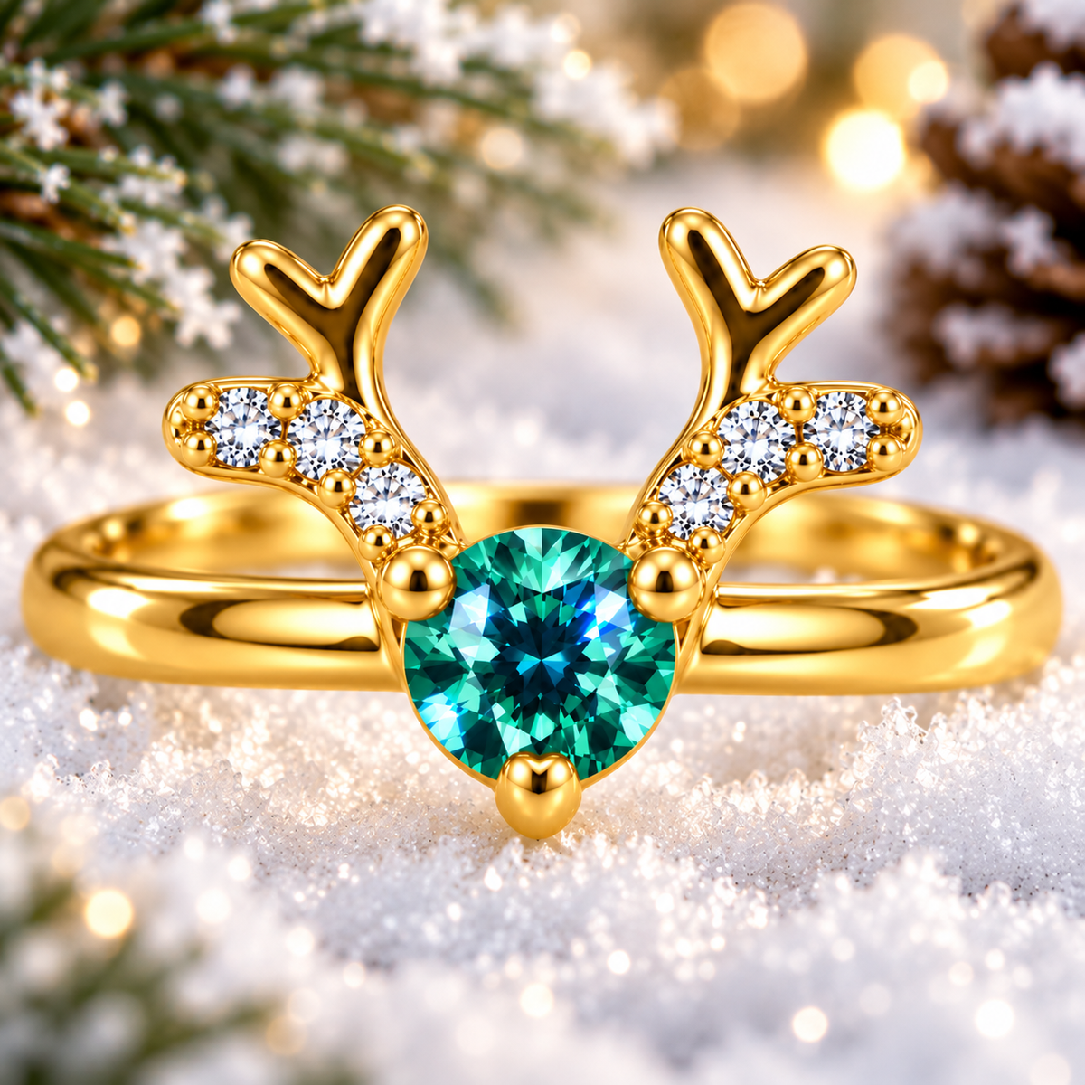 Close-up frontal view of a gold reindeer antler ring featuring a round teal-green moissanite gemstone secured by three prongs, surrounded by sparkling snow and frosted pine trees.