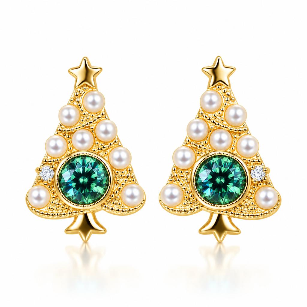 Pair of gold Christmas tree stud earrings with 4mm teal-green moissanite, white pearl-style ornaments and star toppers on white.