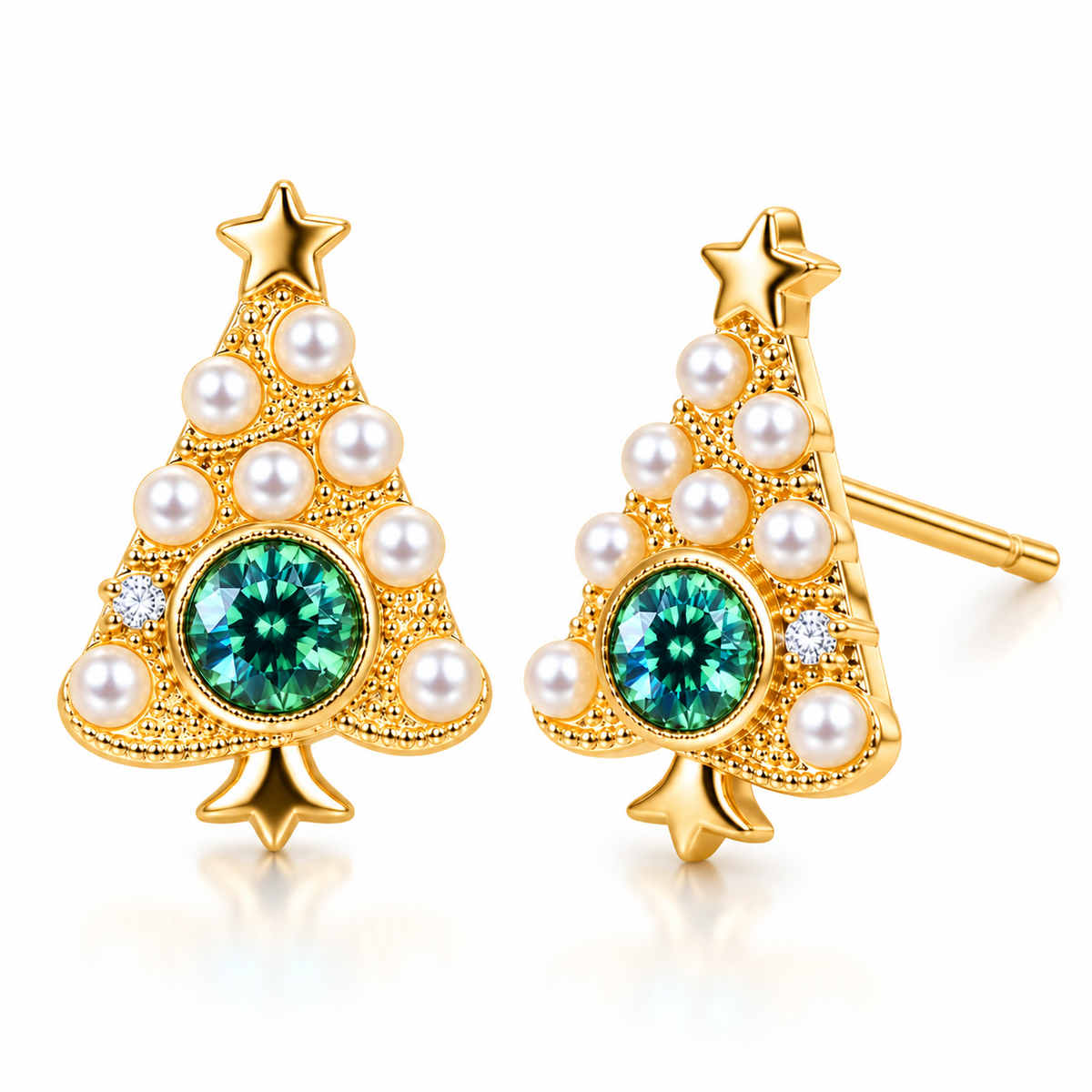 Front and angled views of gold Christmas tree earrings with green moissanite gemstones, pearl-style ornaments and a visible stud post.