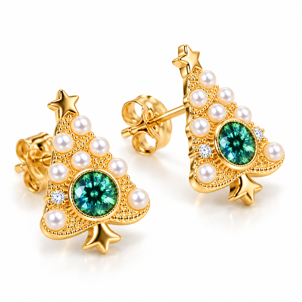 Christmas tree stud earrings showing a green moissanite front view and side profile with raised setting, post and butterfly back.