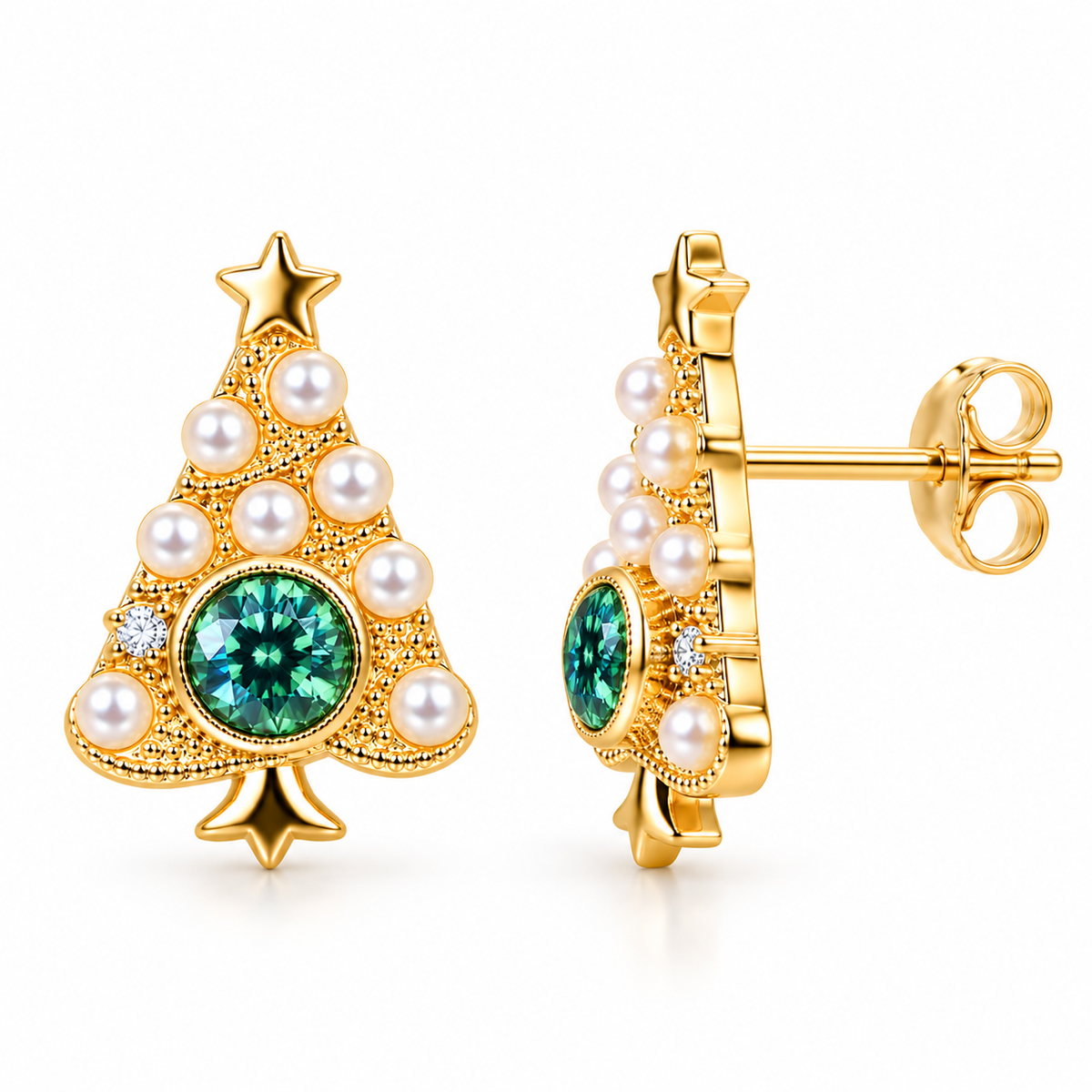 Angled pair of gold Christmas tree stud earrings with teal-green moissanite, pearl accents, star details and visible earring backs.