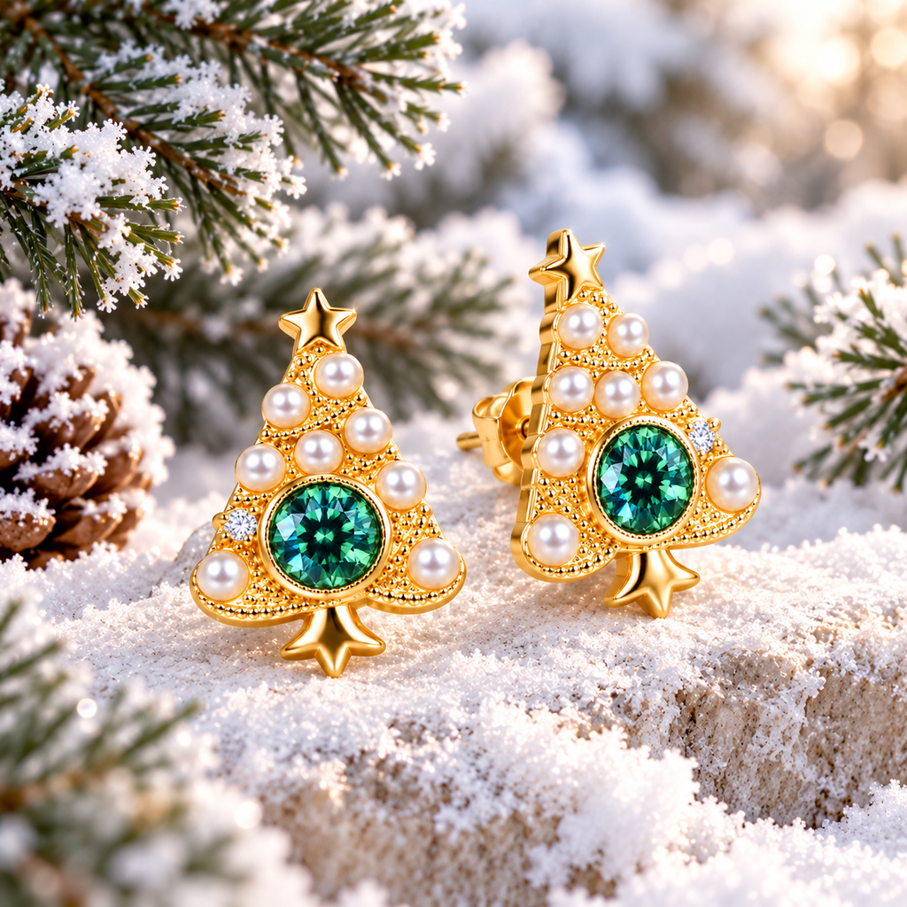 Angled Christmas tree stud earrings with teal-green moissanite gemstones displayed on snow among evergreen branches.