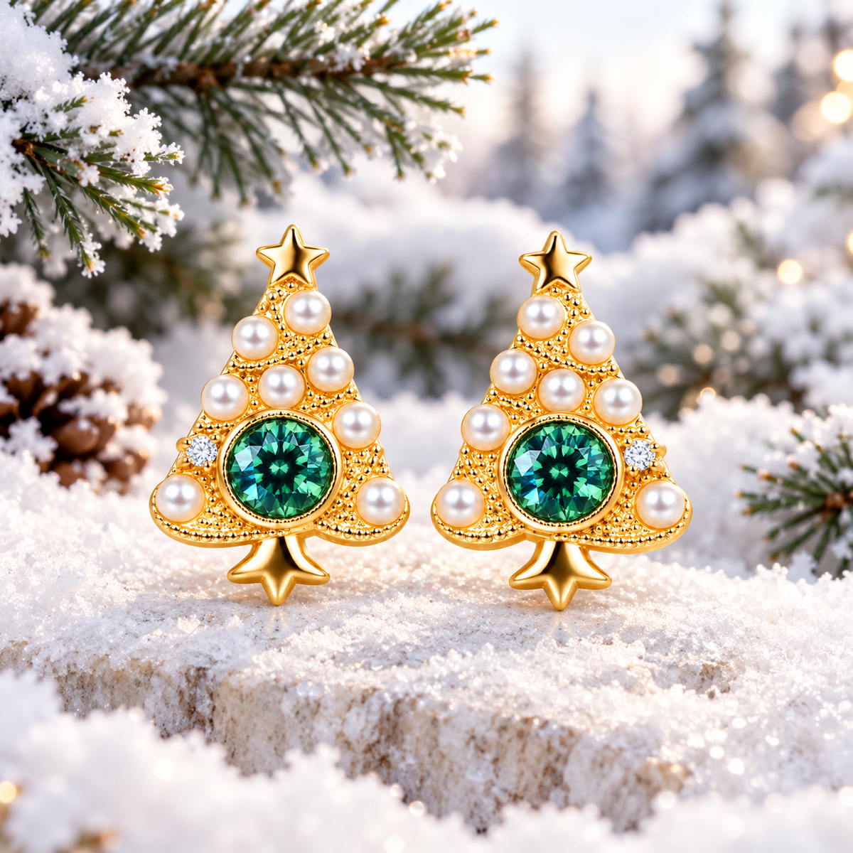 Pair of gold Christmas tree earrings with green moissanite and pearl accents resting in white snow beside frosted pine branches.