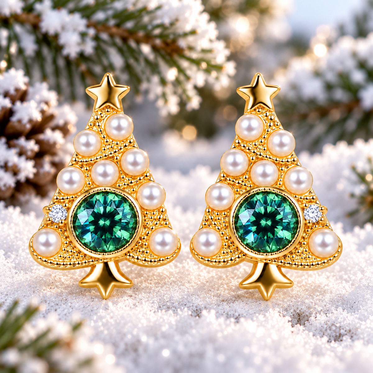 Macro frontal view of gold Christmas tree earrings with sparkling green moissanite, white pearl ornaments and snowy pine background.