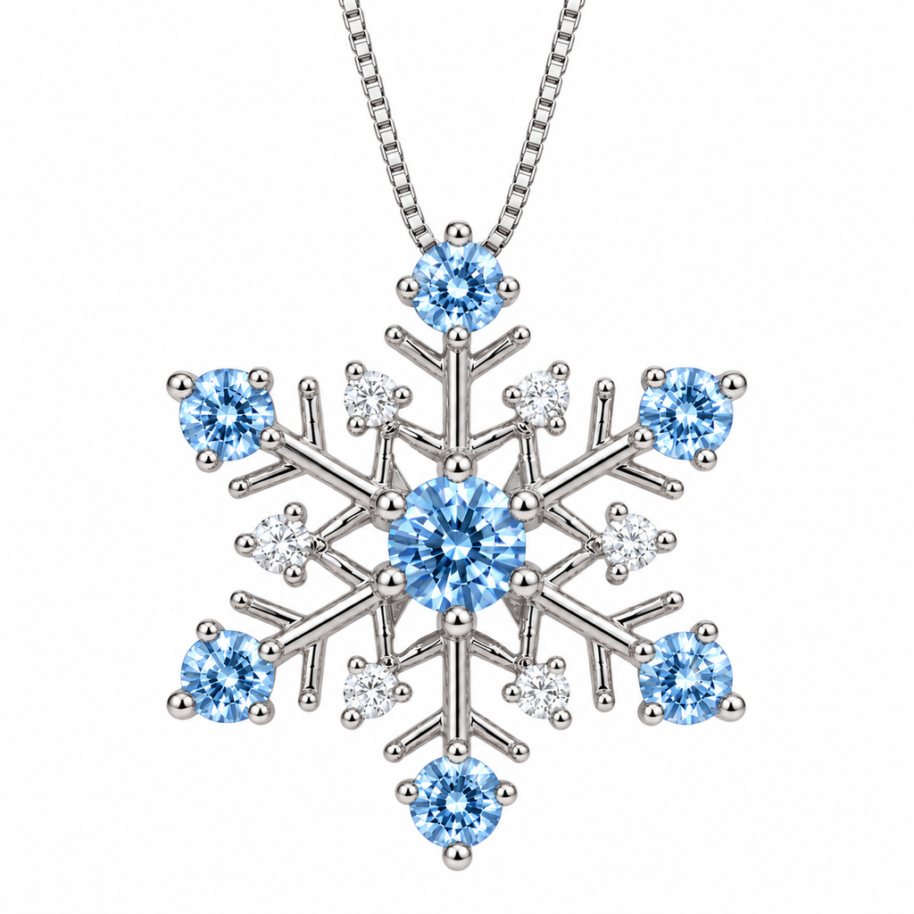 Front view of Phimsera icy blue moissanite snowflake pendant necklace featuring a 4mm round brilliant icy blue center gemstone, six 3mm icy blue moissanite gemstones, six sparkling white cubic zirconia accents and polished 925 sterling silver on a pure white background.