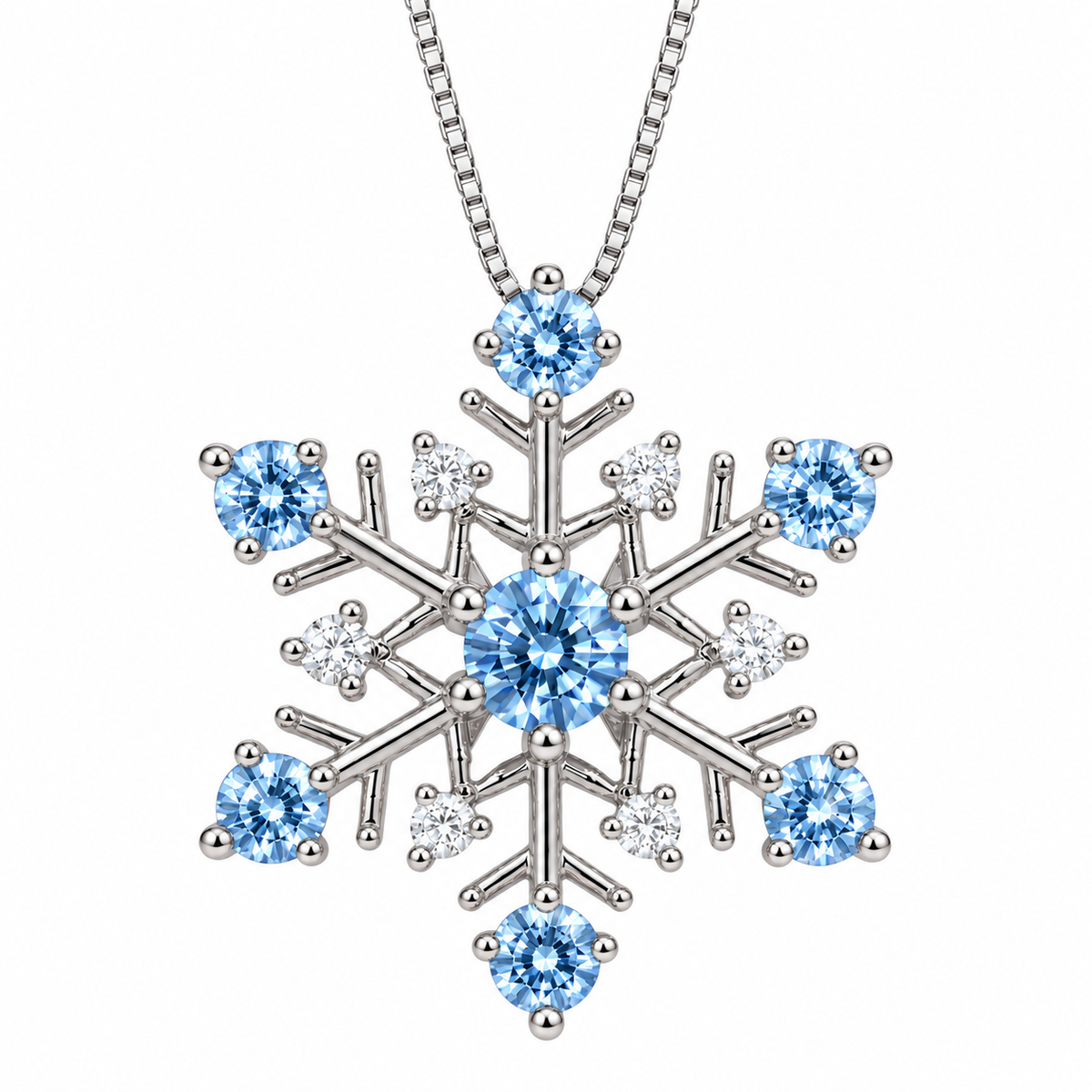 Front view of Phimsera icy blue moissanite snowflake pendant necklace featuring a 4mm round brilliant icy blue center gemstone, six 3mm icy blue moissanite gemstones, six sparkling white cubic zirconia accents and polished 925 sterling silver on a pure white background.