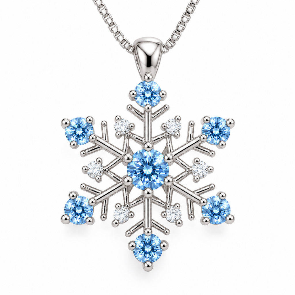 Detailed top-down view of a six-point snowflake moissanite necklace featuring a 4mm icy blue round brilliant center stone, six matching 3mm blue moissanite gemstones and six clear cubic zirconia accents in polished 925 sterling silver.