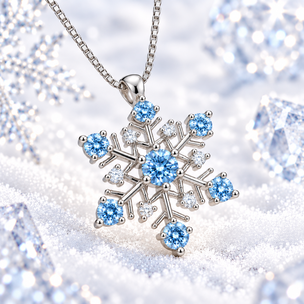 Angled lifestyle photograph of an icy blue moissanite snowflake pendant resting over a brilliant white snow-covered surface with sparkling ice crystals, soft winter bokeh and delicate silver reflections.