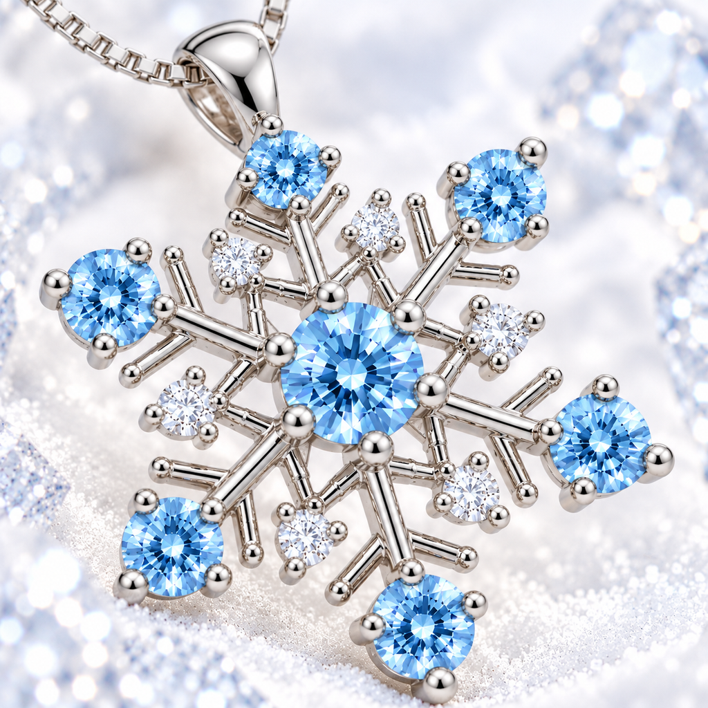 Extreme macro winter lifestyle photograph of an icy blue moissanite snowflake pendant featuring a brilliant blue center gemstone, six icy blue outer moissanite gemstones and six clear white cubic zirconia accents surrounded by sparkling snow crystals.