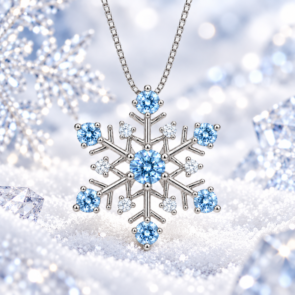 Icy blue moissanite snowflake necklace displayed over a sparkling white snowy winter background with delicate frost crystals, softly blurred crystalline decorations and luminous winter lighting, showcasing the blue gemstones and white cubic zirconia accents.