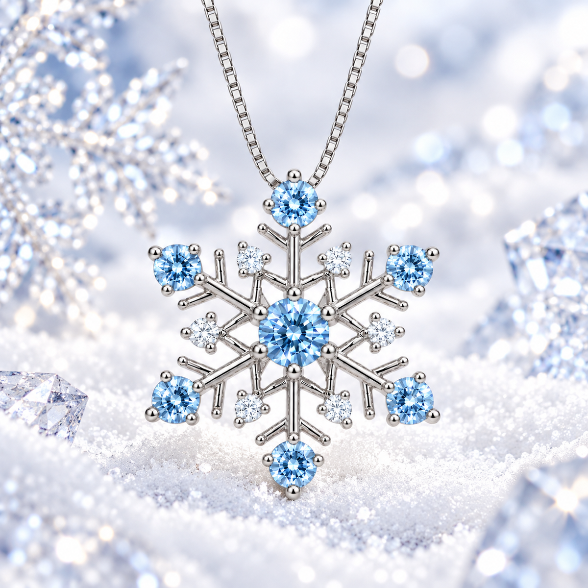 Icy blue moissanite snowflake necklace displayed over a sparkling white snowy winter background with delicate frost crystals, softly blurred crystalline decorations and luminous winter lighting, showcasing the blue gemstones and white cubic zirconia accents.