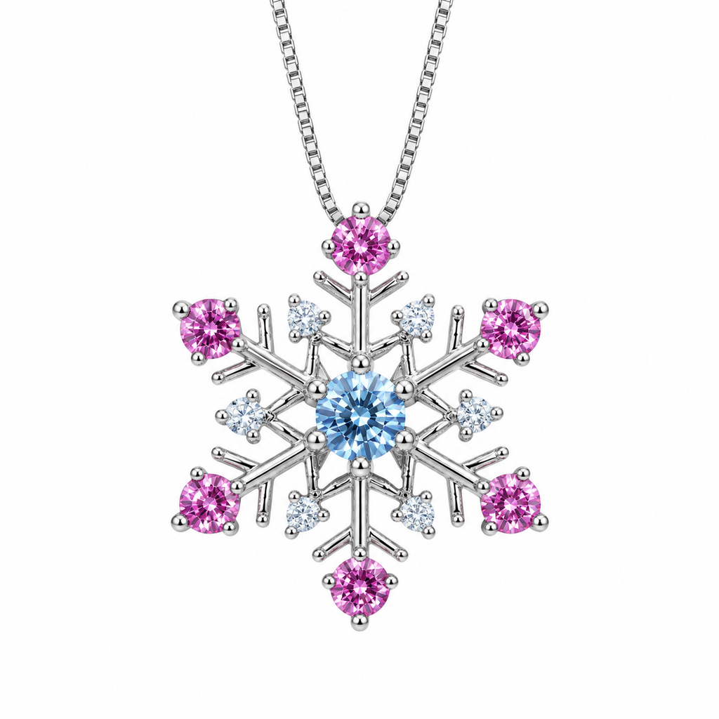 Front view of Phimsera icy blue and pink moissanite snowflake pendant necklace featuring a 4mm round brilliant icy blue center gemstone, six 3mm pink moissanite gemstones, sparkling clear cubic zirconia accents and polished 925 sterling silver on a pure white background.