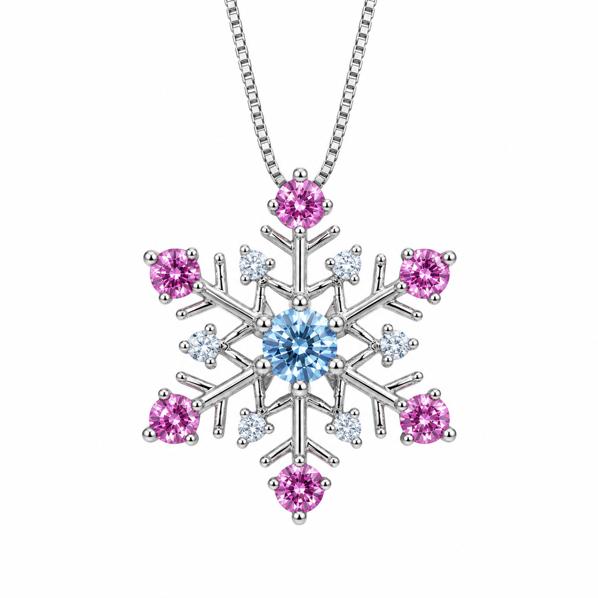 Front view of Phimsera icy blue and pink moissanite snowflake pendant necklace featuring a 4mm round brilliant icy blue center gemstone, six 3mm pink moissanite gemstones, sparkling clear cubic zirconia accents and polished 925 sterling silver on a pure white background.