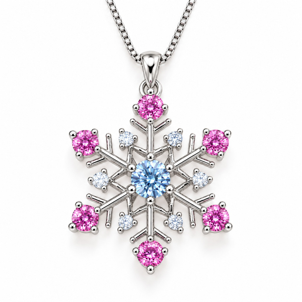 Top-down view of a six-point snowflake moissanite necklace featuring a 4mm icy blue round brilliant center stone, six pink 3mm moissanite gemstones and sparkling clear cubic zirconia accents in polished sterling silver.