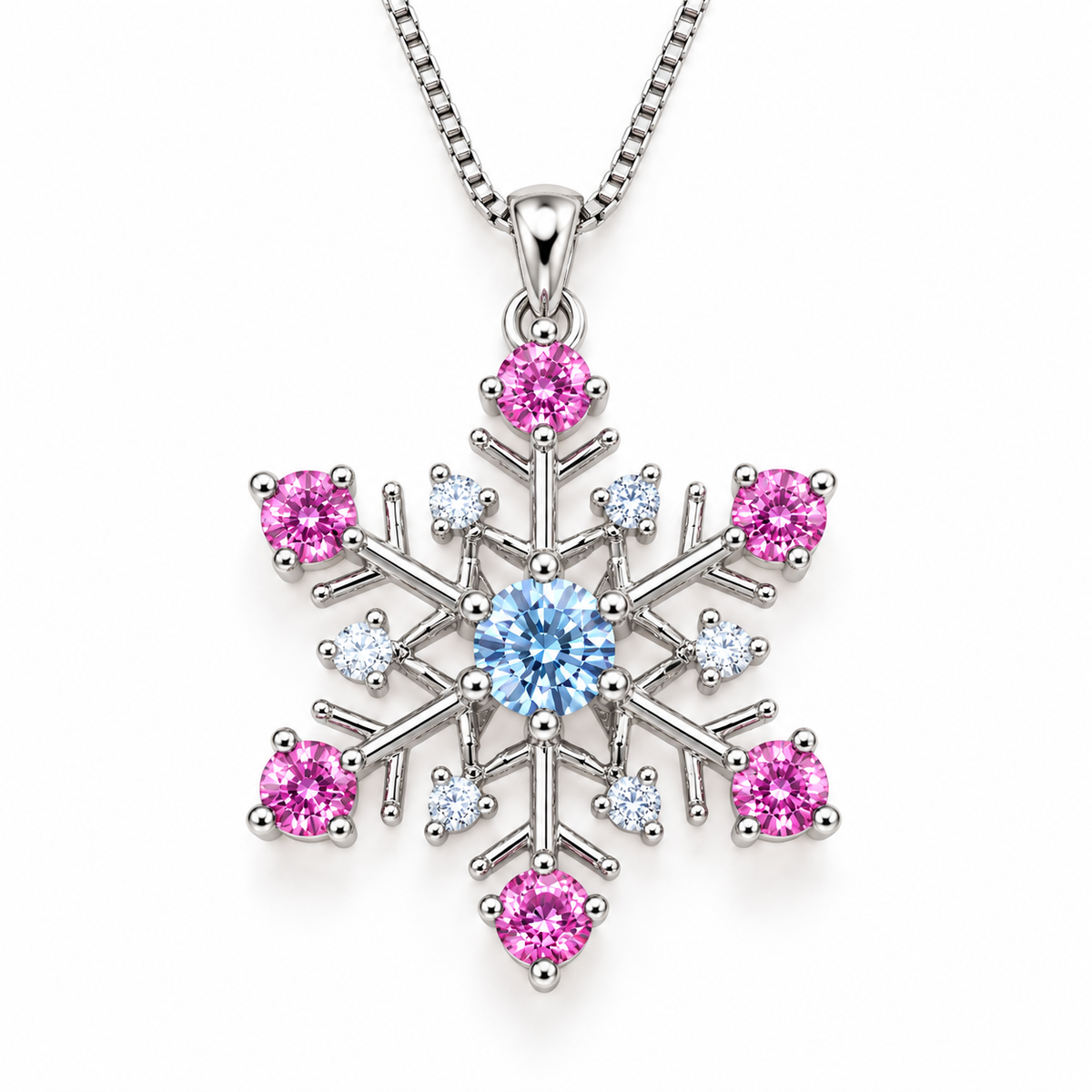 Top-down view of a six-point snowflake moissanite necklace featuring a 4mm icy blue round brilliant center stone, six pink 3mm moissanite gemstones and sparkling clear cubic zirconia accents in polished sterling silver.