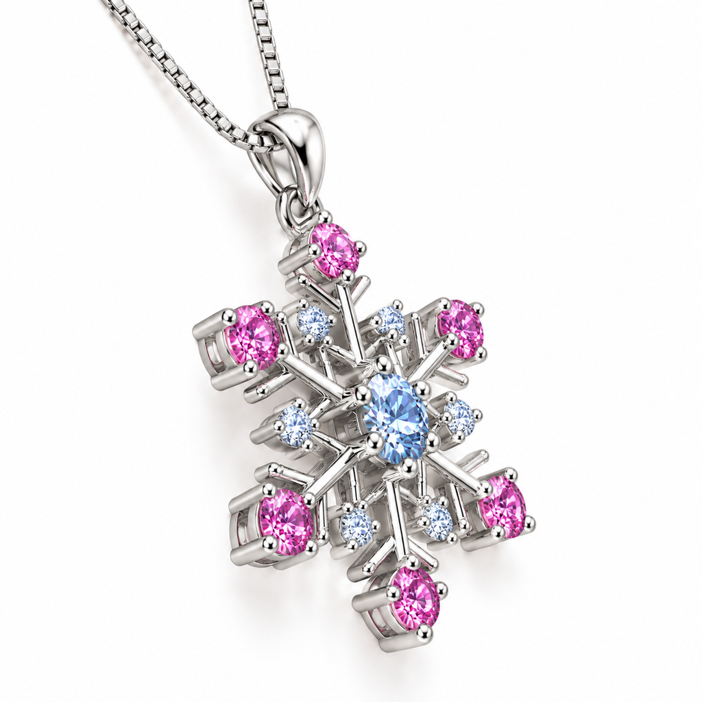 Side profile of a blue and pink moissanite snowflake necklace highlighting the raised gemstone settings, polished sterling silver branches, pink round brilliant moissanite tips and delicate pendant construction.