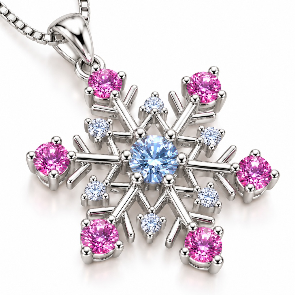 Macro close-up of an icy blue and pink moissanite snowflake pendant showing the brilliant 4mm blue center gemstone, six sparkling 3mm pink moissanite gemstones, clear cubic zirconia accents and intricate polished silver snowflake branches.