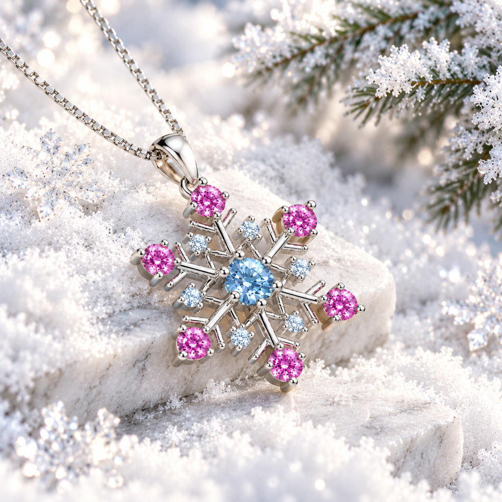 Angled lifestyle photograph of an icy blue and pink moissanite snowflake pendant resting on a snow-covered white marble surface with frosted evergreen branches, sparkling snow crystals and soft winter bokeh.