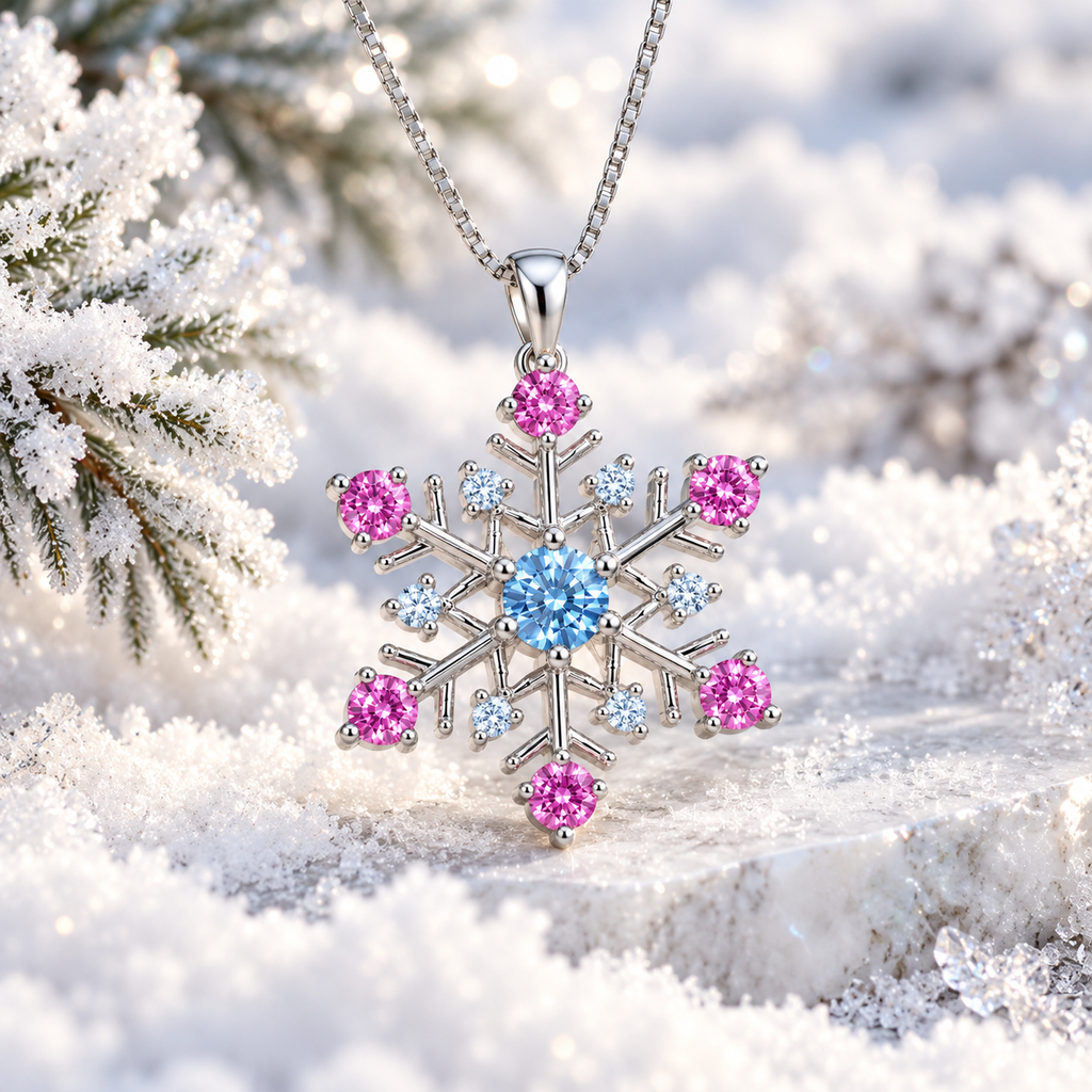 Icy blue and pink moissanite snowflake necklace displayed over a sparkling white snowy winter background with delicate frost crystals, softly blurred evergreen branches and beautiful winter lighting.