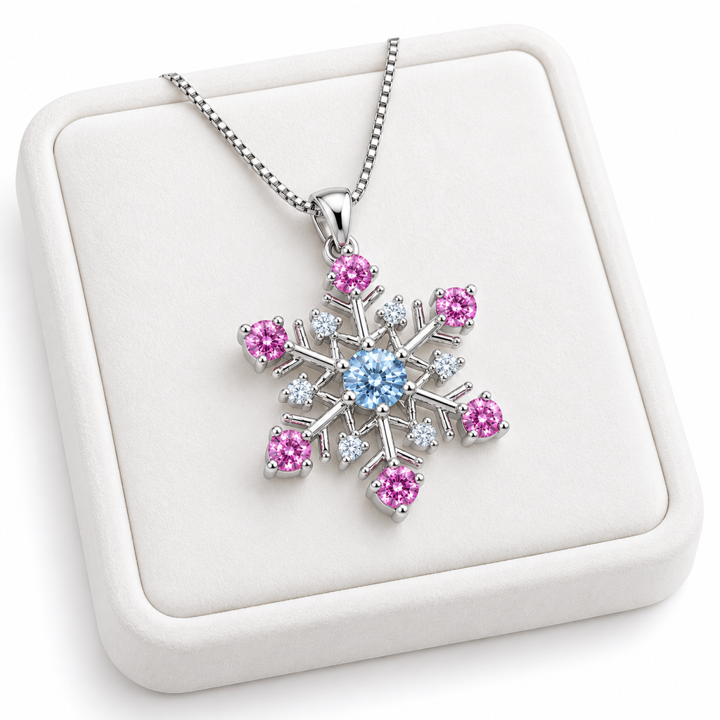 Angled presentation of an icy blue and pink moissanite snowflake pendant necklace on a slightly turned white velvet jewelry tray, showcasing the delicate silver chain, colorful gemstones and intricate six-point snowflake setting.