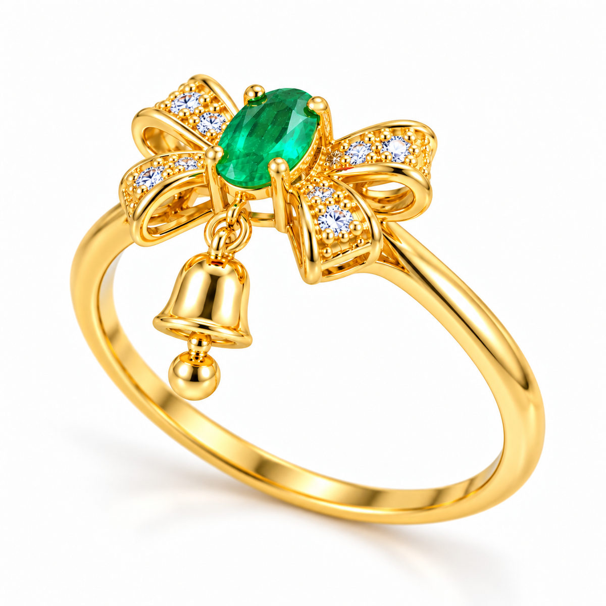 Side-angle view of a gold-plated 925 sterling silver emerald bow ring showing the oval emerald setting, curved gemstone-studded ribbon loops, slender band and small hanging gold bell.