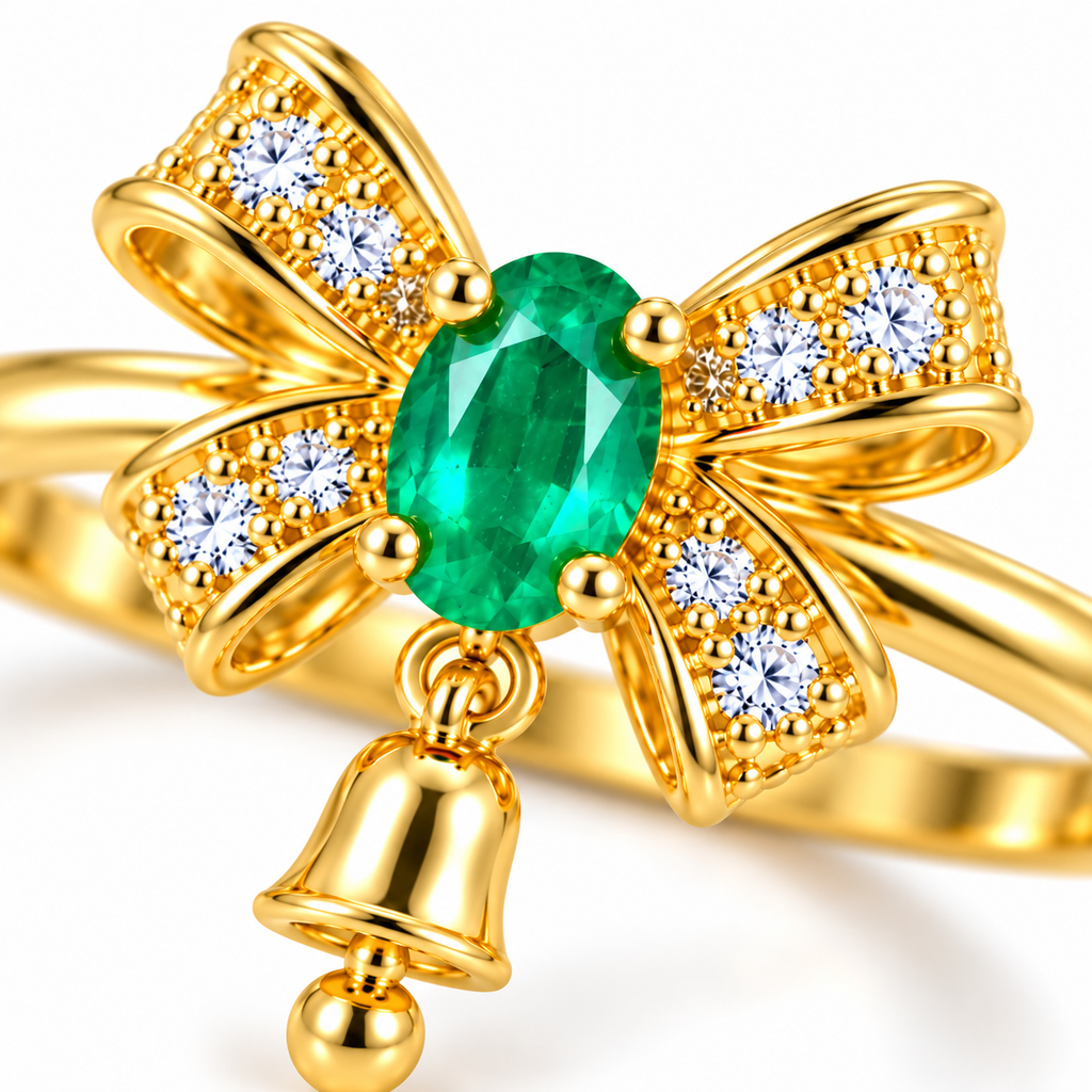 Macro close-up of Phimsera Christmas bow ring highlighting the vivid green oval natural emerald, four gold prongs, sparkling white cubic zirconia bow accents and miniature dangling gold bell charm.