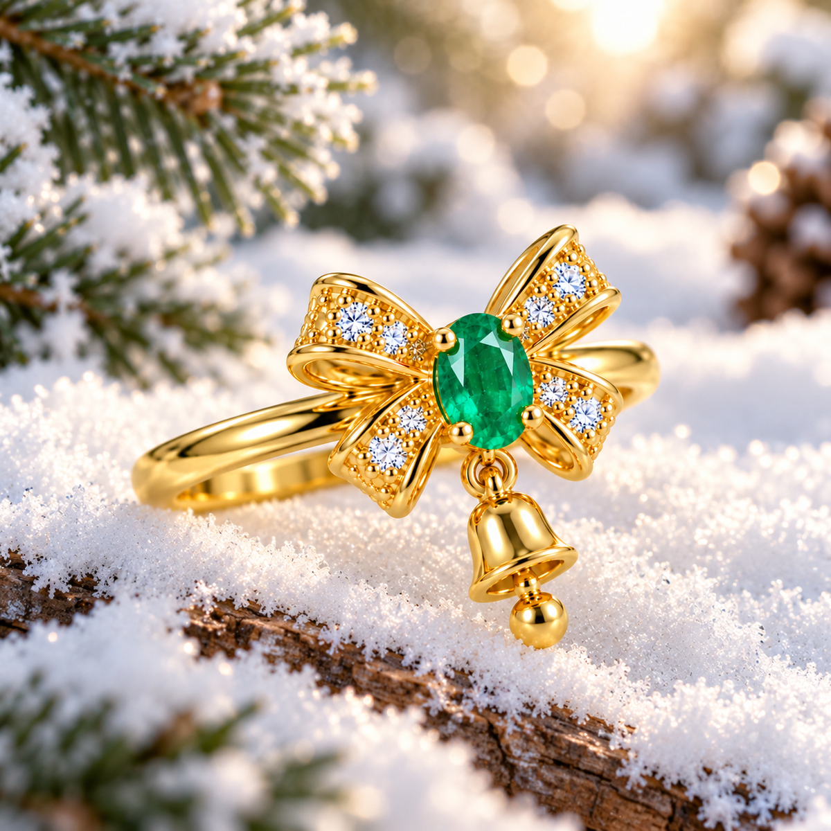 Angled view of a natural emerald bow and bell ring resting on white snow with frosted evergreen branches, snow-covered wood and soft golden Christmas lights in the background.