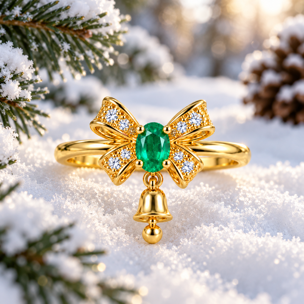 Gold-plated natural emerald Christmas bow ring with sparkling CZ accents and a dangling bell displayed on white snow surrounded by frosted pine branches and warm holiday lights.