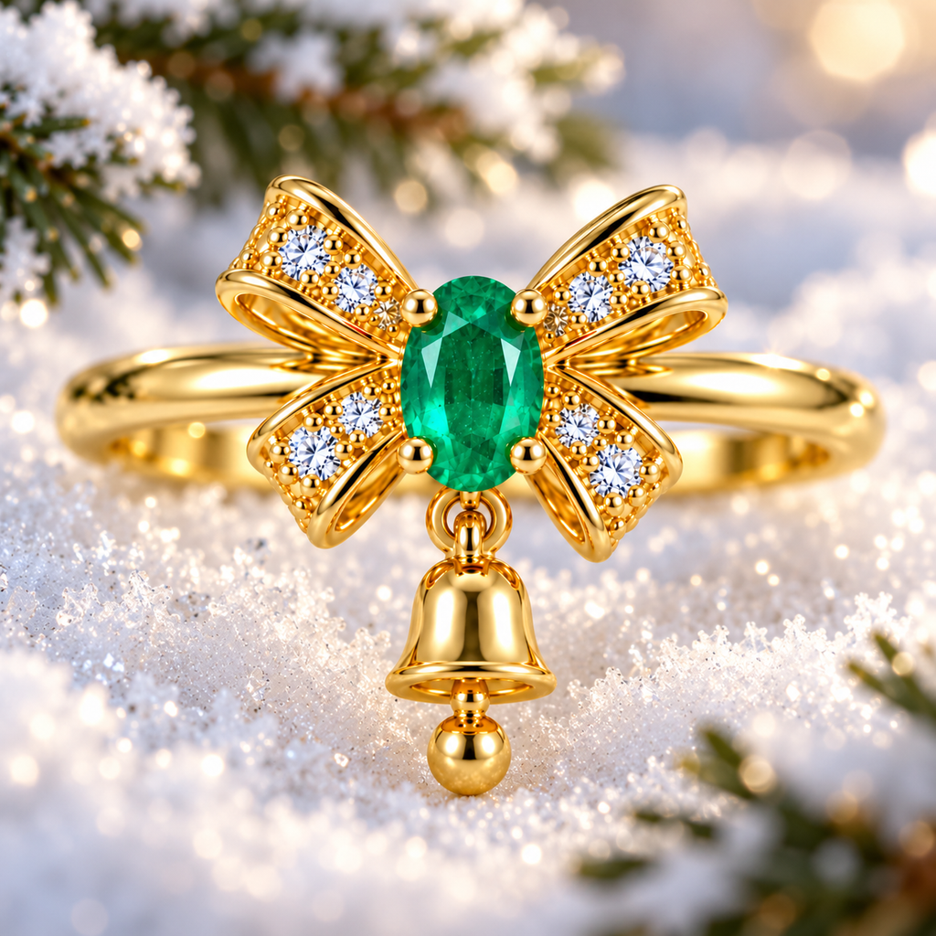 Close-up holiday photograph of a gold emerald bow ring featuring a vivid oval green gemstone, sparkling white cubic zirconia ribbon details and a tiny gold bell against snowy pine branches.