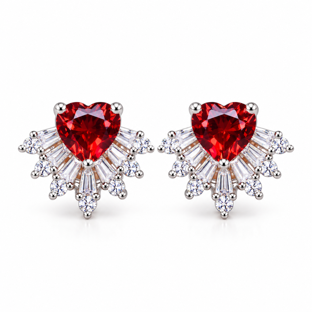 Natural red garnet heart stud earrings featuring 6mm heart-cut gemstones surrounded by sparkling baguette and round cubic zirconia sunburst accents in polished 925 sterling silver on a pure white background.