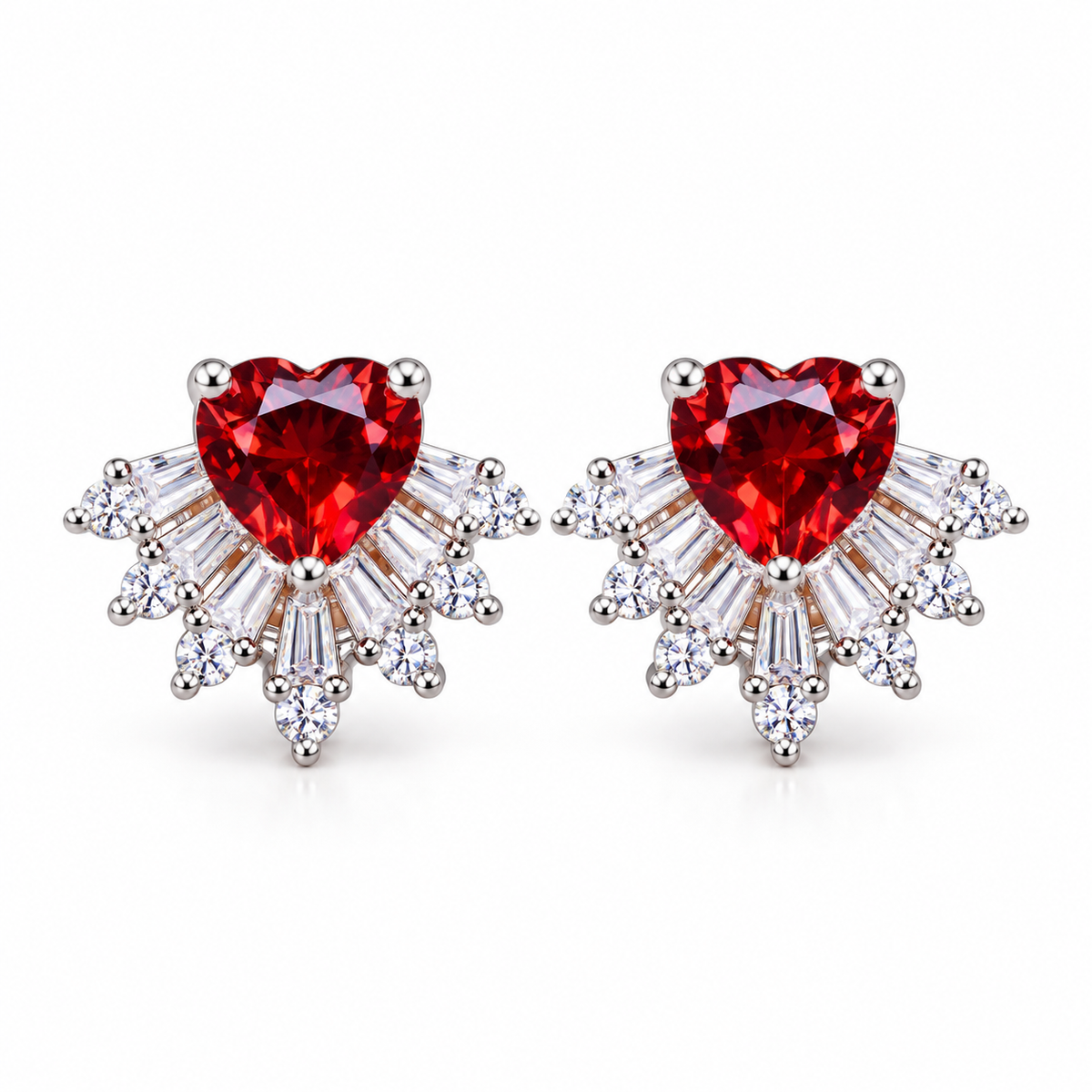 Natural red garnet heart stud earrings featuring 6mm heart-cut gemstones surrounded by sparkling baguette and round cubic zirconia sunburst accents in polished 925 sterling silver on a pure white background.