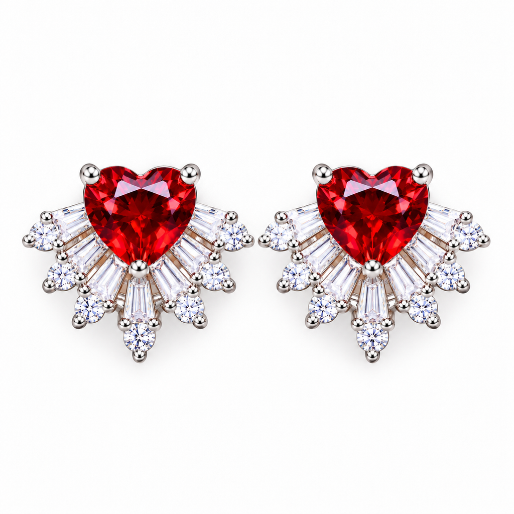 Top-down photograph of matching natural red garnet heart earrings with 6mm faceted gemstones, symmetrical baguette and round cubic zirconia sunburst accents, and polished sterling silver settings against a pure white background.