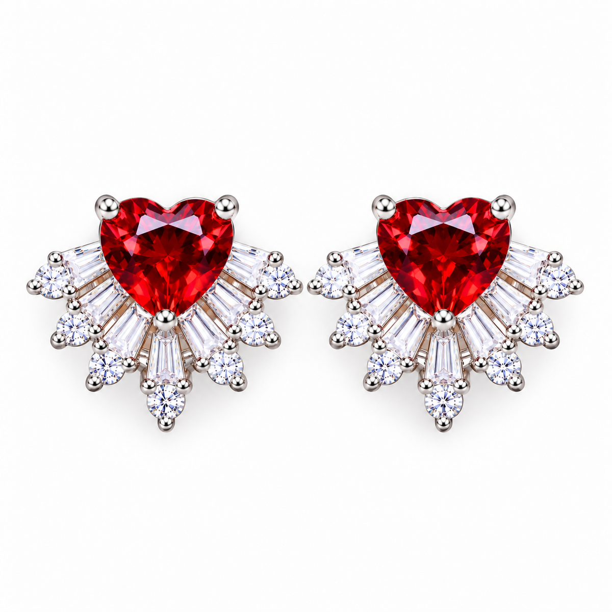 Top-down photograph of matching natural red garnet heart earrings with 6mm faceted gemstones, symmetrical baguette and round cubic zirconia sunburst accents, and polished sterling silver settings against a pure white background.