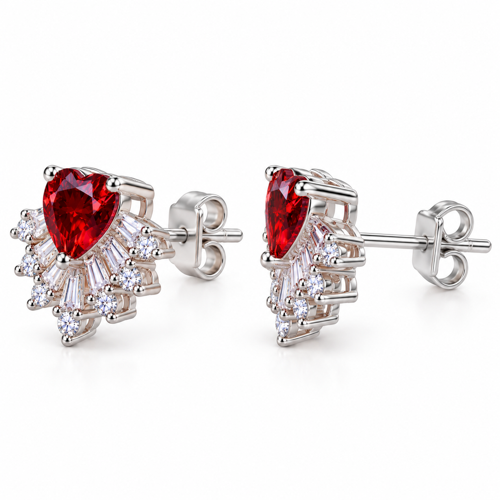 Side profile of natural red garnet heart stud earrings showing the raised 6mm heart-cut gemstone settings, sparkling cubic zirconia fan accents, polished sterling silver posts, and butterfly-style earring backs.