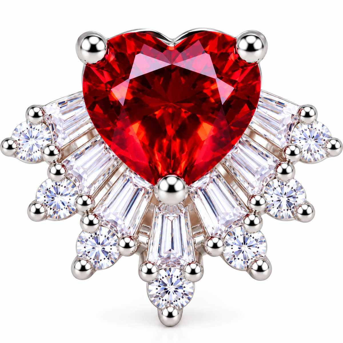 Extreme frontal macro of a natural 6mm heart-cut red garnet stud earring displaying rich crimson-red faceting, polished silver prongs, and sparkling tapered baguette and round cubic zirconia sunburst accents.