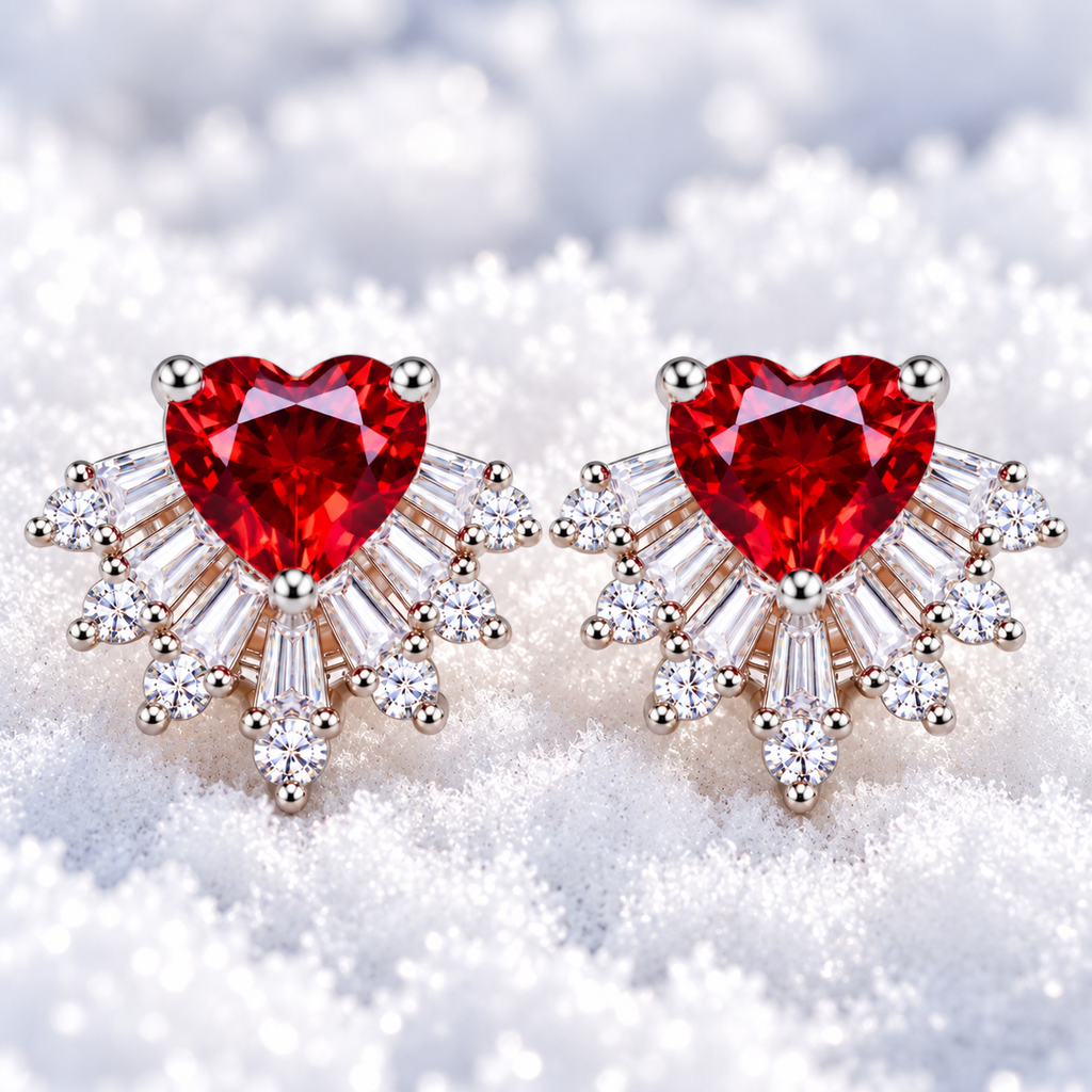 Close-up frontal macro of natural 6mm heart-cut red garnet earrings resting on sparkling white snow, highlighting rich crimson gemstone facets, brilliant cubic zirconia sunburst accents, and polished silver settings.