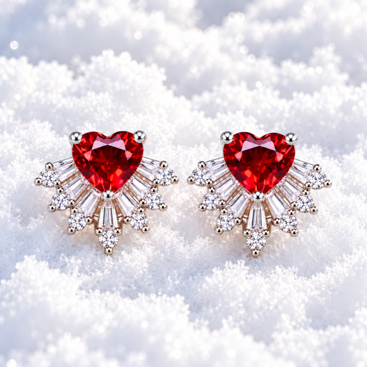 Natural red garnet heart stud earrings with 6mm gemstones and sparkling cubic zirconia fan accents displayed against bright white snow with soft winter sunlight illuminating the crimson-red gemstones.