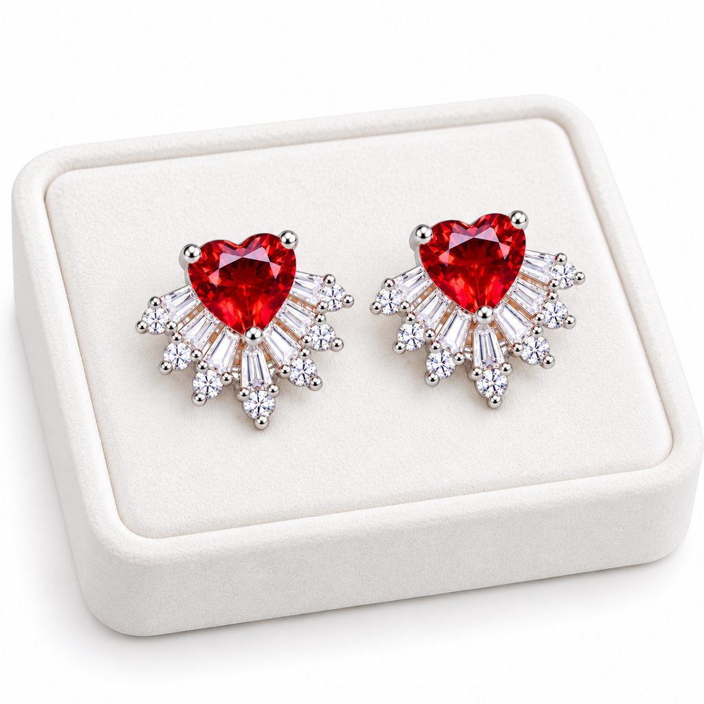 Angled white velvet jewelry tray displaying matching natural 6mm heart-cut garnet earrings with brilliant clear cubic zirconia fan accents and polished sterling silver settings.
